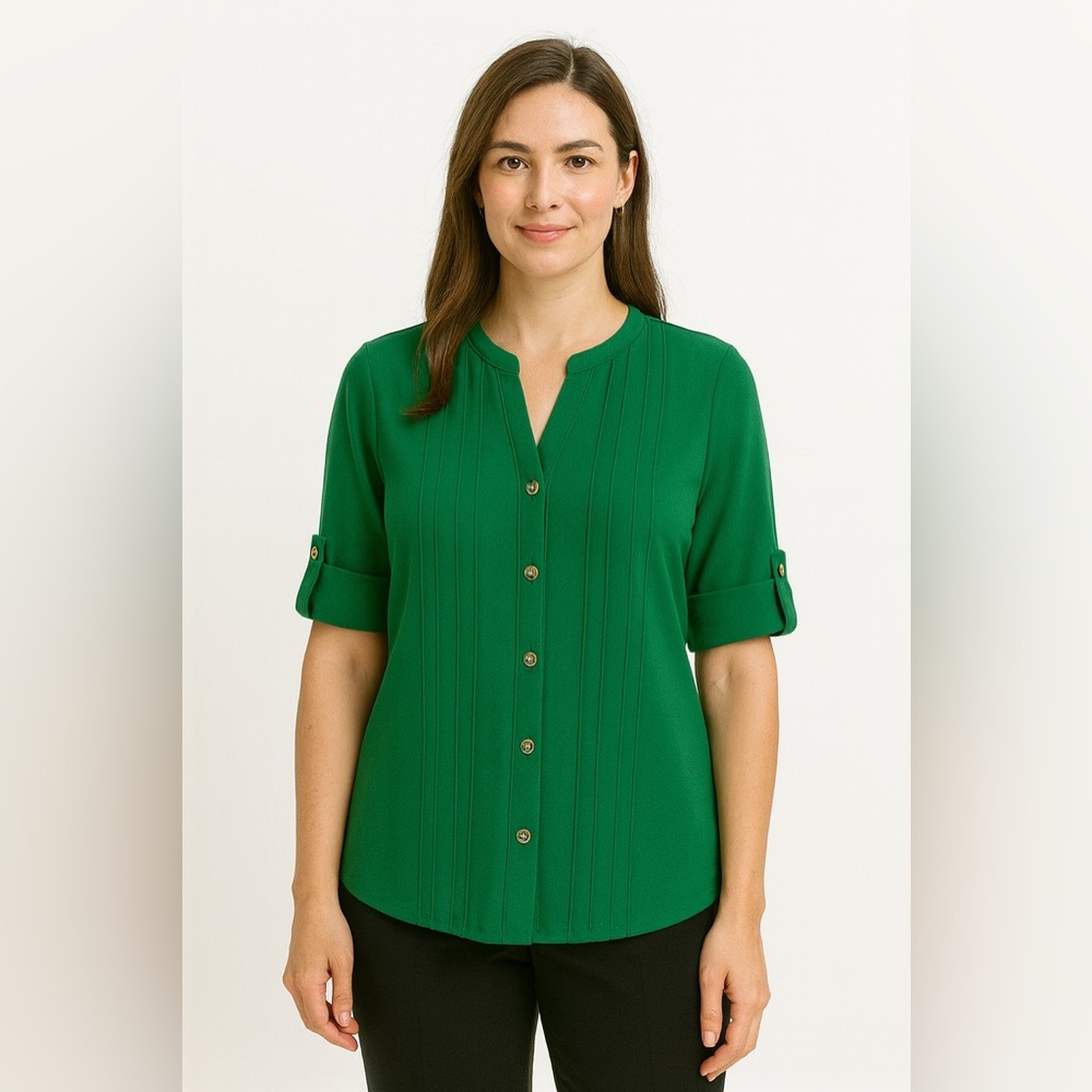 Perseption Concept Green Blouse Pleated Button Front Career Capsule Chic Size M